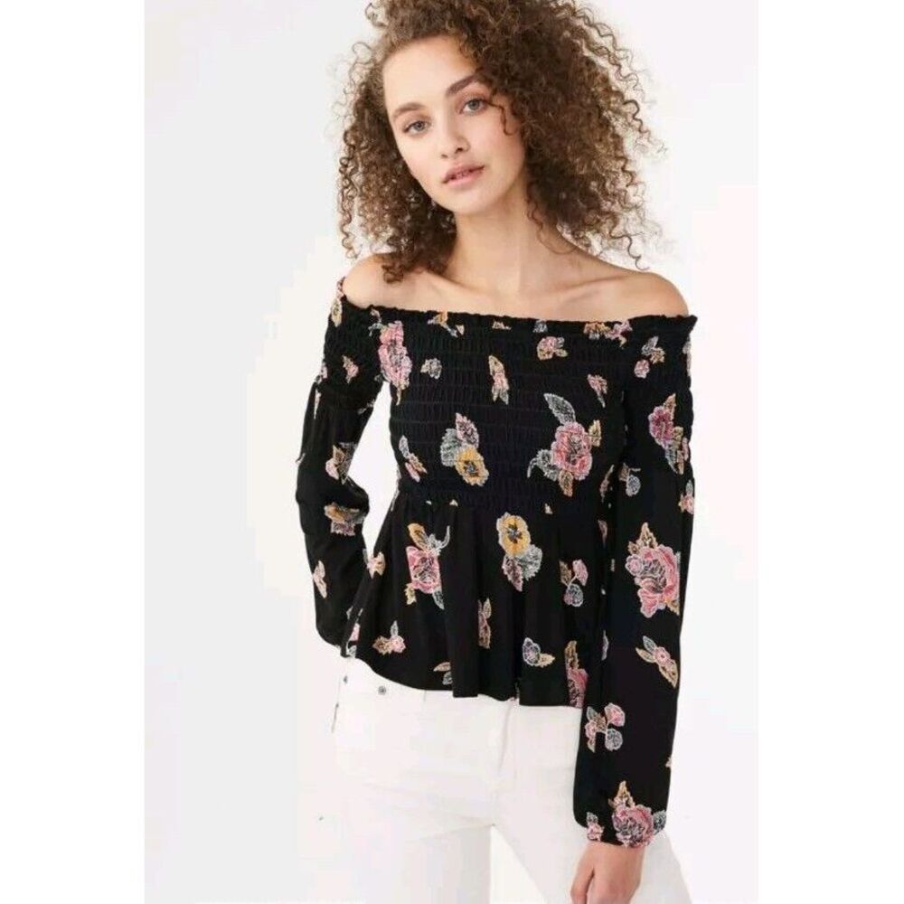 Aeropostale Women's Long Sleeve Floral Smocked Off-The-Shoulder Top Size L